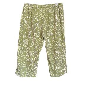 Chico's Crop Pants Green White Print Elastic Waist Casual Comfy Size 2